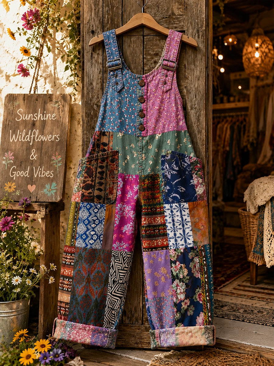 Women's Retro Style Art Print Washed Cotton Denim Patchwork Jumpsuit